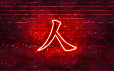 Person neon hieroglyph, 4K, red brickwall, Person Kanji, Kanji hieroglyphs, Person hieroglyph, Japanese Kanji, japanese hieroglyphs, artwork, hieroglyphs, Person
