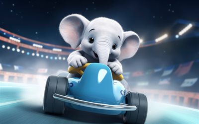 4k, cute baby elephant, 3D art, go-karting, elephant driving a car, cartoon animals, karting, baby elephant, cartoon elephant, small elephant, cute animals, elephants