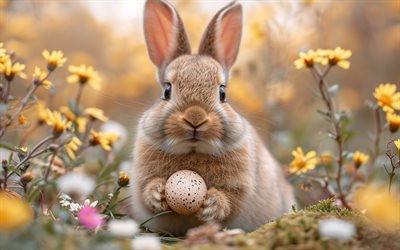 hasen mit osterei, frohe ostern, abend, sonnenuntergang, osterhase, hintergrund für osterkarte, süße tiere, hase, ostern