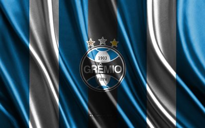 4k, logotipo do gremio, serie brasileira a, textura de seda branca azul, bandeira do gremio, time de futebol brasileiro, futebol, bandeira da seda, emblema de gremio, brasil, crachá do gremio, gremio