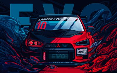 4k, 三菱ランサーエボx, アートワーク, チューニング, 抽象的な車, クリエイティブ, 三菱ランサーx, 三菱
