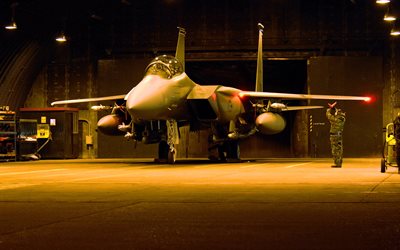 4k, McDonnell Douglas F-15E Strike Eagle, hangar, US Air Force, fighter-bombers, F-15, combat aircraft, US army, aircraft, military aviation, F-15E Strike Eagle, McDonnell Douglas