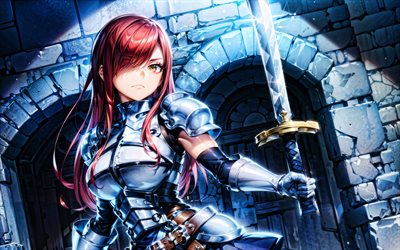 erza scarlet, 4k, épée, queue de fée, manga, charaters anime, personnages de queue de fée, guerrier, erza scarlet fairy tail