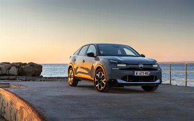 hybride citroen c4, 4k, jetée, 2025 voitures, coucher de soleil, hybride gris citroen c4, 2025 citroen c4 hybride, voitures françaises, citroenne