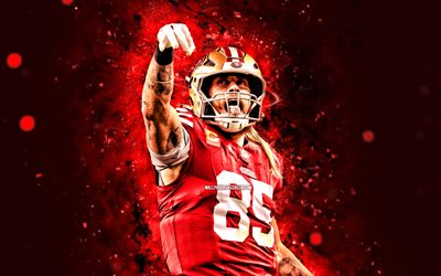 george kittle, 4k, néons rouges, 49ers de san francisco, nfl, joueurs de football américains, george kittle 4k, football américain, ligue nationale de football, george kittle san francisco 49ers