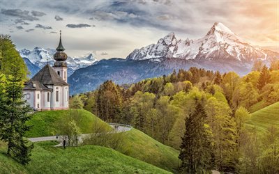 maria gern church, 4k, tramonto, montagne, foresta, città tedesche, berchtesgaden, alpi, germania, europa