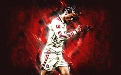 Leroy Sane, FC Bayern Munich, German football player, red stone background, grunge art, Bundesliga, Germany, football, Leroy Sane Bayern Munich