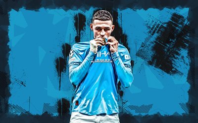 4k, Phil Foden, blue grunge background, Manchester City FC, Premier League, English footballers, Phil Foden 4K, football, soccer, Phil Foden Manchester City