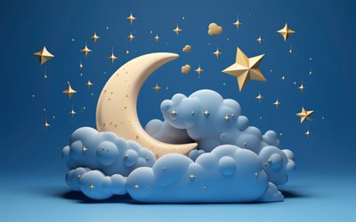 media luna, 4k, nubes 3d, fondos azules, minimalismo, estrellas doradas 3d, creativo, arte 3d, creciente, nubes, estrellas