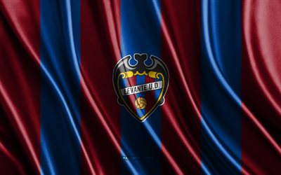 4k, Levante UD logo, Segunda Division, burgundy blue silk texture, Levante UD flag, Spanish football team, Levante, football, silk flag, Levante UD emblem, Spain, Levante UD badge, Levante UD, Levante FC