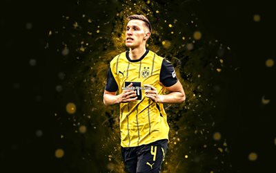 Nico Schlotterbeck, 4k, yellow neon lights, Borussia Dortmund, Bundesliga, German footballers, Nico Schlotterbeck 4K, football, soccer, BVB, Borussia Dortmund FC, Nico Schlotterbeck Borussia Dortmund
