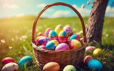 korb mit ostereier, frohe ostern, osterkorb, frühling, osterkartenhintergrund, ostereier, korb auf dem gras, ostervorlage