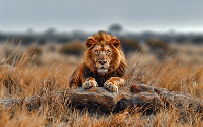 lion, faune, savane, soirée, coucher de soleil, prédateur, afrique, lions, animaux sauvages, lion dans la nature, animaux dangereux, prédateurs