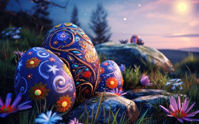 zierostereier, 4k, nacht, osterfeier, frühling, osterdekorationen, frühlingsblumen, ostereier, bokeh, ostervorlage, ostern