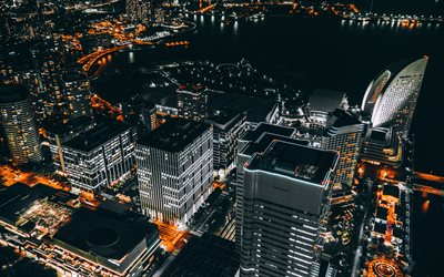 yokohama, 4k, nighcapes, stadsljus, metropol, flygutsikt, japanska städer, japan, asien, yokohama på natten, yokohama panorama