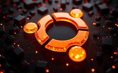 logo orange brillant violet ubuntu, 4k, ubuntu linux, logo ubuntu 3d orange fluo, emblème ubuntu, fond de technologie orange, signe violet ubuntu, logoubuntu, linux, ubuntu