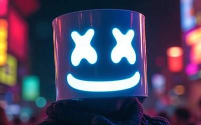 4k, dj marshmello, gata, glödande mask, natt, christopher comstock, musikstjärnor, bokeh, populära sångare, amerikansk dj, superstjärnor, marshmello, djs, marshmello 4k