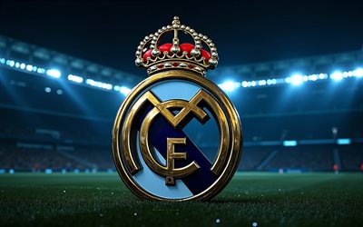 4k, Real Madrid metal logo, football stadium, spotlights, LaLiga, creative, soccer, Real Madrid logo, football, Real Madrid 3D logo, Real Madrid FC, La Liga, spanish football club, Real Madrid CF, Real Madrid