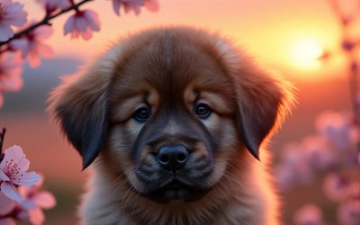 4k, جرو كلب الدرواس التبتي, غروب, ربيع, إزهار الكرز, كلاب, حيوانات لطيفة, الجراء, حيوانات أليفة, الدرواس التبتية, خوخه, زهور الربيع, كلب الدرواس التبتي