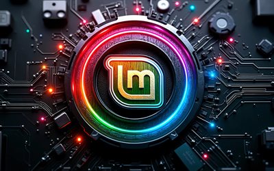 Linux Mint abstract logo, 4k, dark hi-tech background, colorful neon lights, conductors, microcircuit, OS brands, Linux Mint 3D logo, brands, Linux Mint colorful logo, artwork, Linux Mint logo, Linux Mint