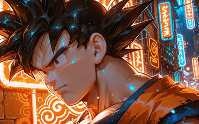 4k, son gokú, calle, bola de dragón, noche, personajes de dragon ball de son goku, manga, letreros de neón naranja, dragon ball súper, personajes de dbs, son goku dbs