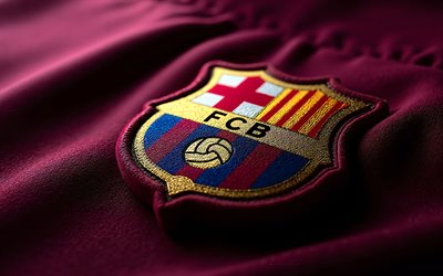 fc barcelona tyg logotyp, 4k, vinröd tyg bakgrund, fc barcelonas emblem, spanien, fc barcelona, la liga, fc barcelonas logotyp, fotboll, barcelona logotyp, barcelona