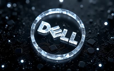 شعار ديل الزجاجي, 4k, خلفية التكنولوجيا السوداء, شعار ديل, ضوء النيون الأبيض, شعار ديل أبيض ثلاثي الأبعاد, علامة ديل, اللوحة الأم السوداء, علامة ديل بيضاء متوهجة, ديل