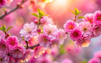 körsbärsblom, sakura, fjädra, vårblomning, rosa blommor på en gren, vårens koncept, morgon, soluppgång