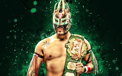 niño laredo, 4k, luces de neón verdes, aaa, creativo, luchador mexicano, laredo niño con cinturón, wwe, fondo abstracto verde, entretenimiento de lucha libre mundial, luchadores, niño laredo 4k