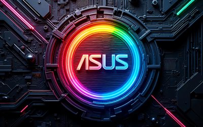 Asus abstract logo, 4k, dark hi-tech background, colorful neon lights, conductors, microcircuit, electronics brands, Asus 3D logo, brands, Asus colorful logo, artwork, Asus logo, Asus