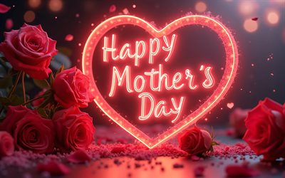feliz dia de las madres, 4k, oscuridad, corazón de neón rojo, rosas rojas, conceptos de feliz día de la madre, letras rojas de neón, inscripción del día de la madre feliz