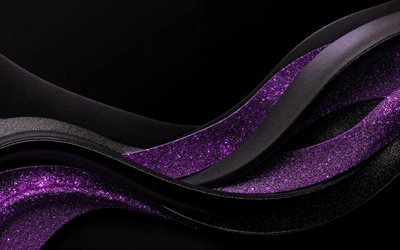 ondas de brillo púrpura, fondo negro, 4k, fondo de ondas moradas, ondas 3d de brillo púrpura, fondo negro con ondas, fondo de ondas de brillo púrpura