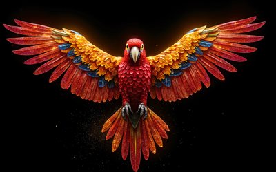 ara scarlatta con le ali spiegate, 4k, ara scarlatta, pappagalli, gemme rosse, ara, sfondo nero, bellissimi uccelli, pappagallo rosso, ara rossa