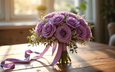 bröllopsbukett av lila rosor, brudbukett, lila rosor, lila bröllopsbukett, bröllop koncept, rosor bukett, bröllop, rosor