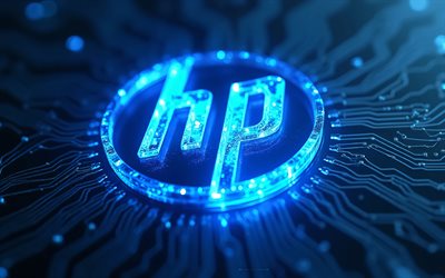 HP glowing blue logo, 4k, Hewlett-Packard logo, blue background, Hewlett-Packard blue glowing logo, HP emblem, HP logo, Hewlett-Packard emblem, Hewlett-Packard, HP