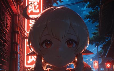 klee, 4k, straße, nacht, genshin impact, rote augen, rote neonringe, anime charaktere, pyro charaktere, genshin impact charaktere, klee genshin impact