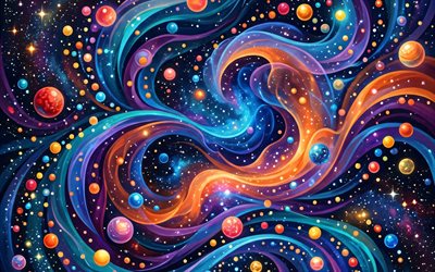 4k, ondas abstractas coloridas, abstracciones oscuras, galaxia, esferas, bolas, curvas abstractas, creativo, abstracción colorida, fondo ondulado abstracto, ondas abstractas, fondos abstractos