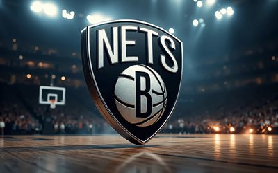 4k, brooklyn nets 3d logotyp, mörker, basketstadion bakgrund, nba, kreativ, basketboll, brooklyn nets logotyp, brooklyn nets metalllogga, amerikansk basketlag, brooklyn nets