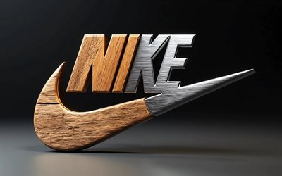Nike wooden metal logo, 4k, minimalsim, dark background, creative, Nike two-material logo, Nike 3D logo, fashion brands, Nike logo, Nike