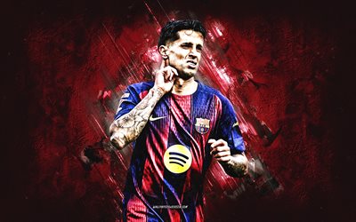 Joao Cancelo, FC Barcelona, Portuguese football player, Barça, burgundy stone background, goal celebration, grunge art, La Liga, Spain, football, Joao Cancelo FC Barcelona