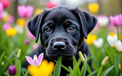 4k, cachorro labrador negro, de cerca, primavera, bokeh, perros, animales lindos, cachorros, mascotas, labrador negro, flores de primavera, labrador, cachorro en el césped, perro labrador