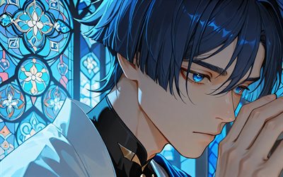 4k, vagabundo, ojos azules, vidrieras, impacto de genshin, noche, de cerca, personajes de anime, obra de arte, violinista, personajes de impacto de genshin, impacto del vagabundo genshin