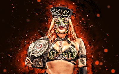 lady flamer, 4k, orange neonljus, aaa, kreativ, mexikansk brottare, lady flammer med bälte, wwe, orange abstrakt bakgrund, world wrestling entertainment, brottare, lady flamer 4k