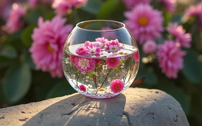 rosa blumen in einer vase, 4k, frühlingsblumen, zinnia blume, vase mit blumen, frühlingsdekoration, vase mit blumen im wasser