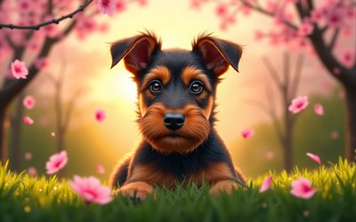 4k, cachorro airedale terrier, atardecer, primavera, flor de cerezo, perros, animales lindos, cachorros, mascotas, terrier airedale, bokeh, flores de primavera, perro airedale terrier