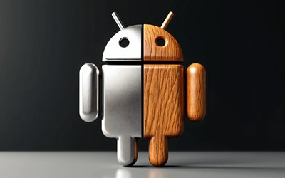 Android wooden metal logo, 4k, minimalsim, dark background, creative, Android two-material logo, Android 3D logo, OS brands, Android logo, Android