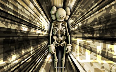 4k, KAWS Skeleton, gray rays background, KAWS Skeleton Skin, KAWS Skeleton Fortnite, abstract art, Fortnite KAWS Skeleton Skin, Fortnite characters, Fortnite, creative art
