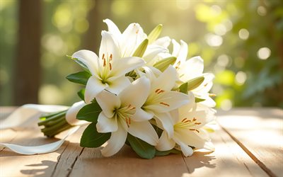 bröllopsbukett av vita liljor, brudbukett, vita liljor, vit bröllopsbukett, bröllop koncept, liljor bukett, bröllop, liljor