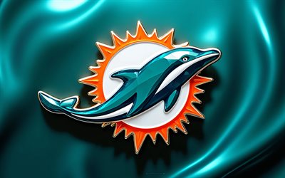 マイアミ ドルフィンズ グラスのロゴ, 4k, ターコイズブルーの背景, ガラスアート, マイアミ・ドルフィンズのエンブレム, アメリカ合衆国, マイアミ・ドルフィンズ, アメフト, マイアミ・ドルフィンズのロゴ, nfl