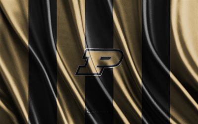 4k, 퍼듀 보일러메이커스 로고, ncaa, 골드 블랙 실크 질감, 퍼듀 보일러메이커 깃발, 미식축구 클럽, 실크 깃발, 퍼듀 보일러메이커 엠블럼, 미국, 퍼듀 보일러 메이커